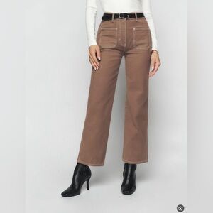 Reformation Alyssa brown white stitched wide leg cropped pants 25